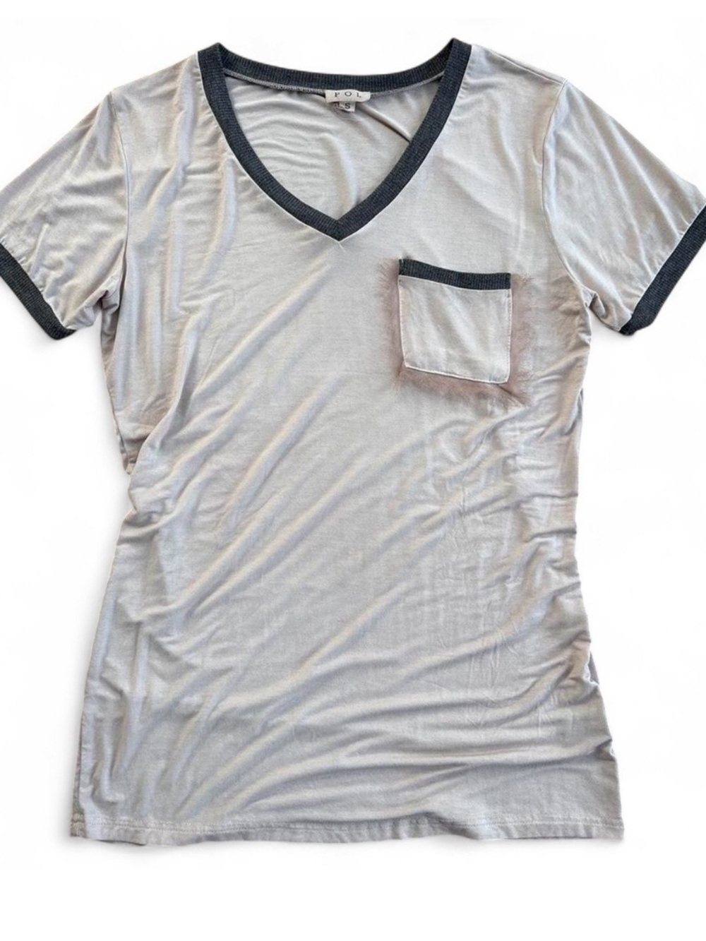 POL Contrast Trim V-Neck Ringer Pocket Tee Size S